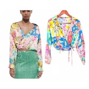ZARA Shirt, Satin Multicolored Longsleeve Wrap shirt with Ties NWOT